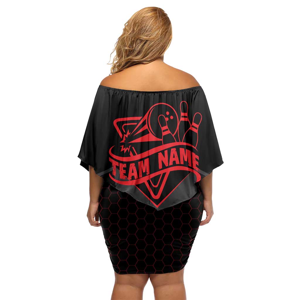 Bowling Team Family Matching Off Shoulder Short Dress and Hawaiian Shirt Red and Black Strike Graphic and Custom Name Section - Wonder Print Shop