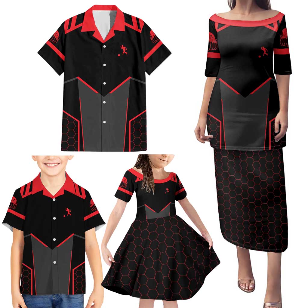 Bowling Team Family Matching Puletasi and Hawaiian Shirt Red and Black Strike Graphic and Custom Name Section - Wonder Print Shop