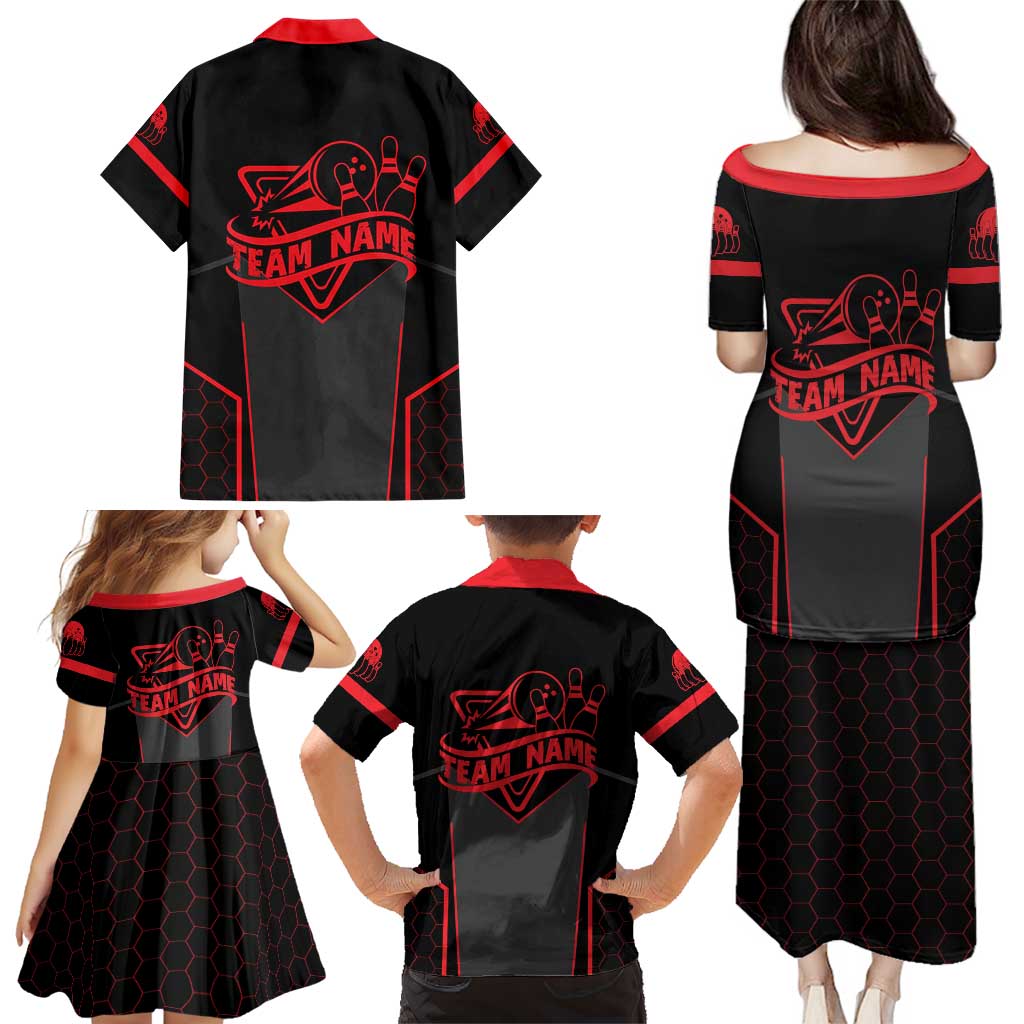 Bowling Team Family Matching Puletasi and Hawaiian Shirt Red and Black Strike Graphic and Custom Name Section - Wonder Print Shop