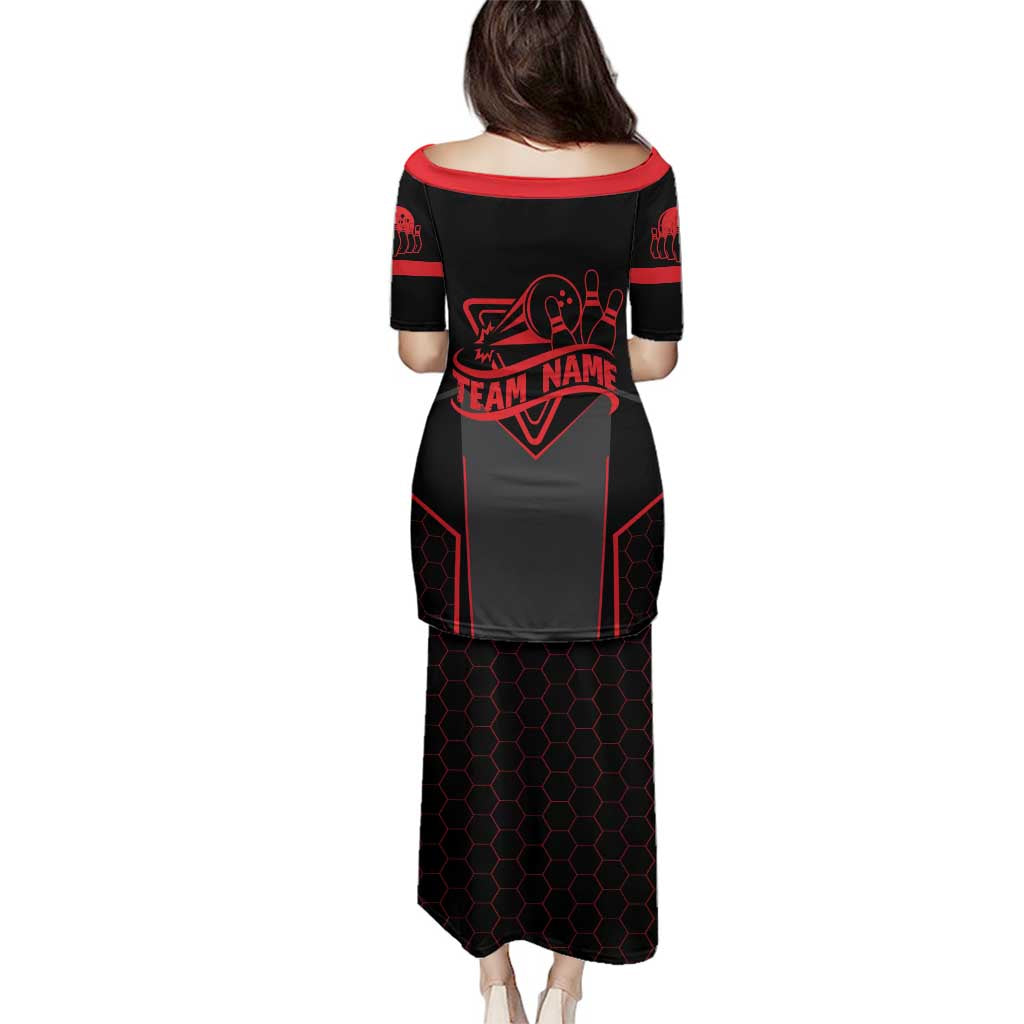 Bowling Team Family Matching Puletasi and Hawaiian Shirt Red and Black Strike Graphic and Custom Name Section - Wonder Print Shop