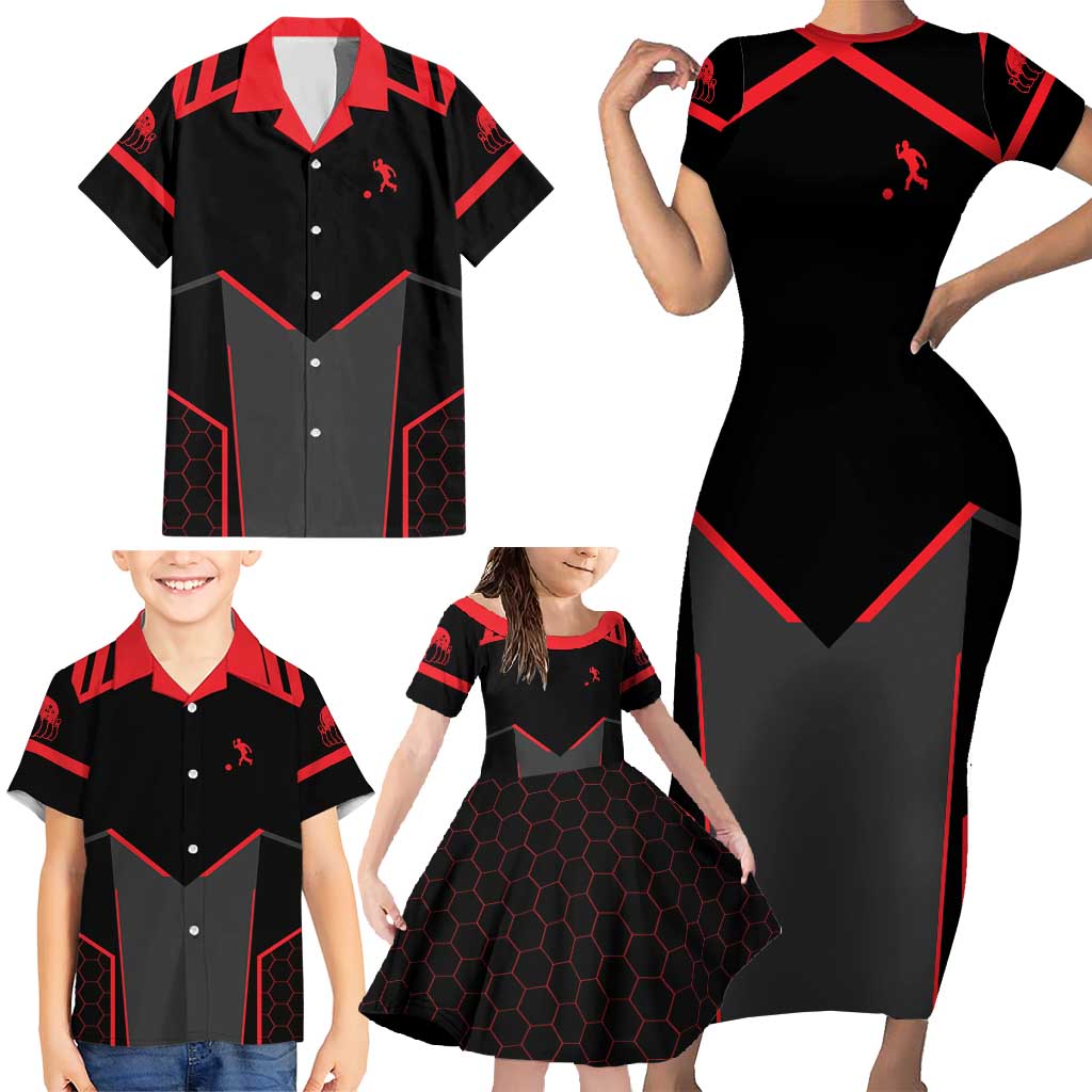 Bowling Team Family Matching Short Sleeve Bodycon Dress and Hawaiian Shirt Red and Black Strike Graphic and Custom Name Section - Wonder Print Shop