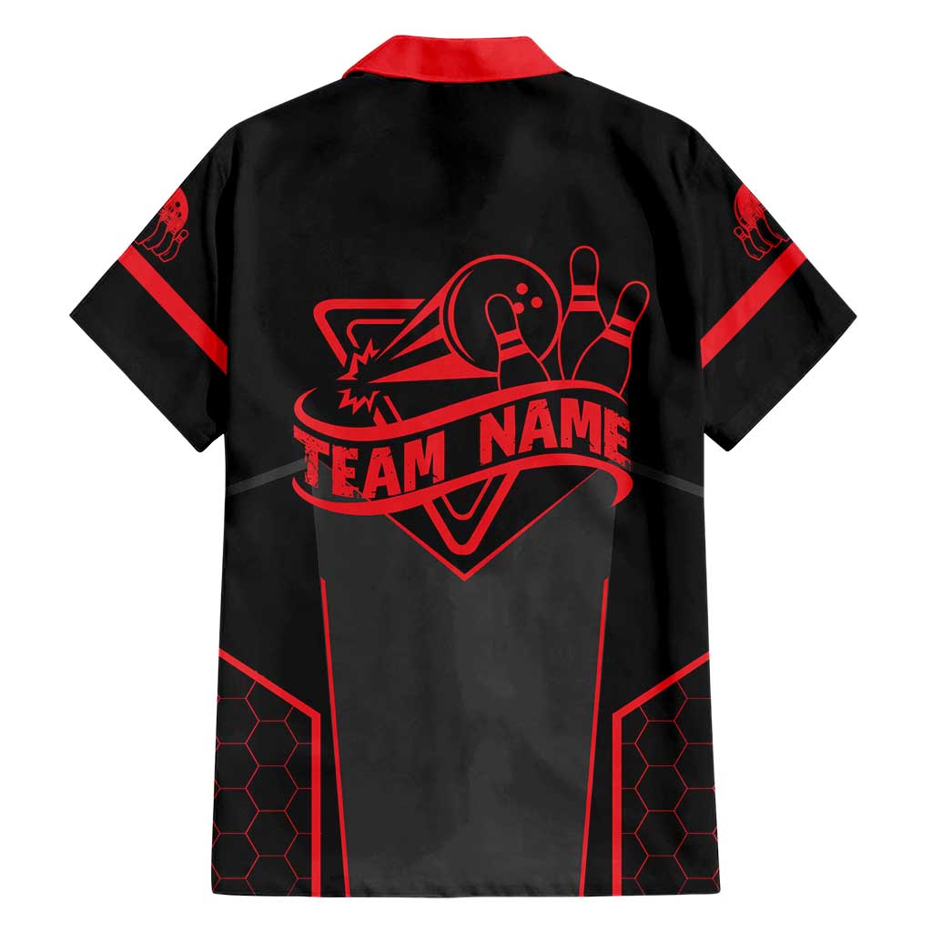 Bowling Team Family Matching Short Sleeve Bodycon Dress and Hawaiian Shirt Red and Black Strike Graphic and Custom Name Section - Wonder Print Shop