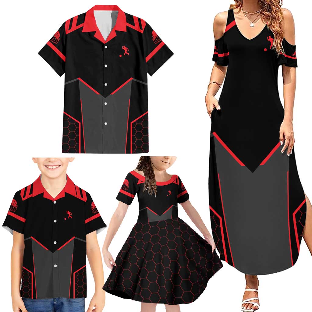 Bowling Team Family Matching Summer Maxi Dress and Hawaiian Shirt Red and Black Strike Graphic and Custom Name Section - Wonder Print Shop