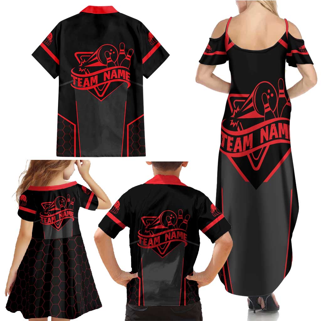 Bowling Team Family Matching Summer Maxi Dress and Hawaiian Shirt Red and Black Strike Graphic and Custom Name Section - Wonder Print Shop