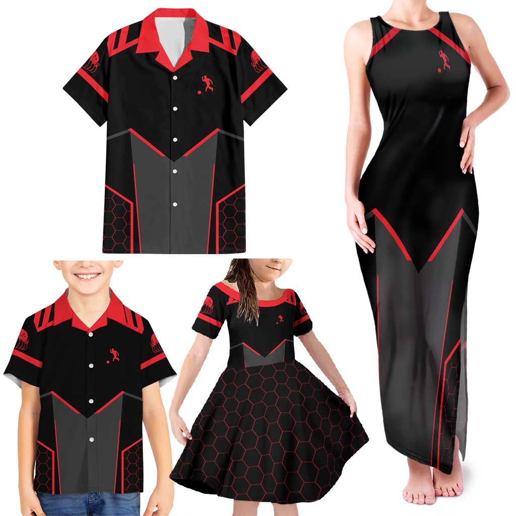Bowling Team Family Matching Tank Maxi Dress and Hawaiian Shirt Red and Black Strike Graphic and Custom Name Section - Wonder Print Shop