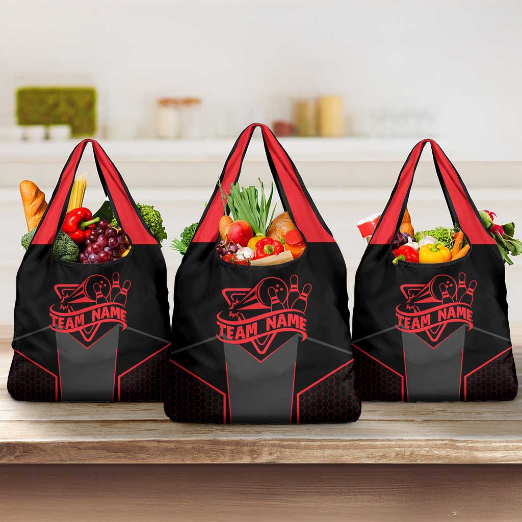 Bowling Team Grocery Bag Red and Black Strike Graphic and Custom Name Section - Wonder Print Shop