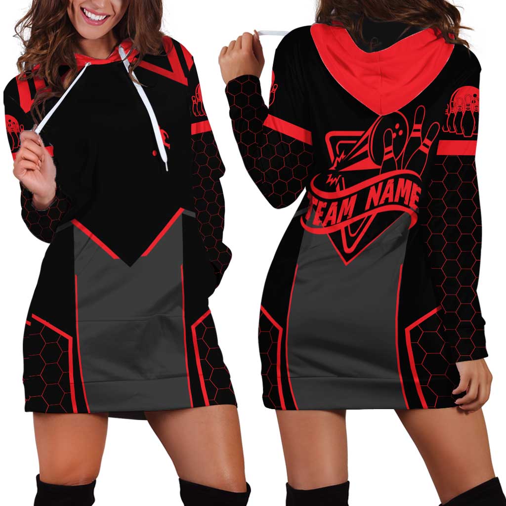 Bowling Team Hoodie Dress Red and Black Strike Graphic and Custom Name Section - Wonder Print Shop
