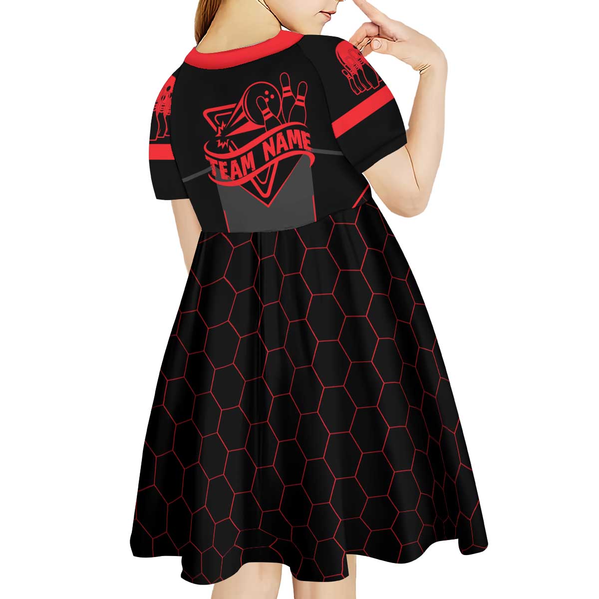 Bowling Team Kid Short Sleeve Dress Red and Black Strike Graphic and Custom Name Section - Wonder Print Shop
