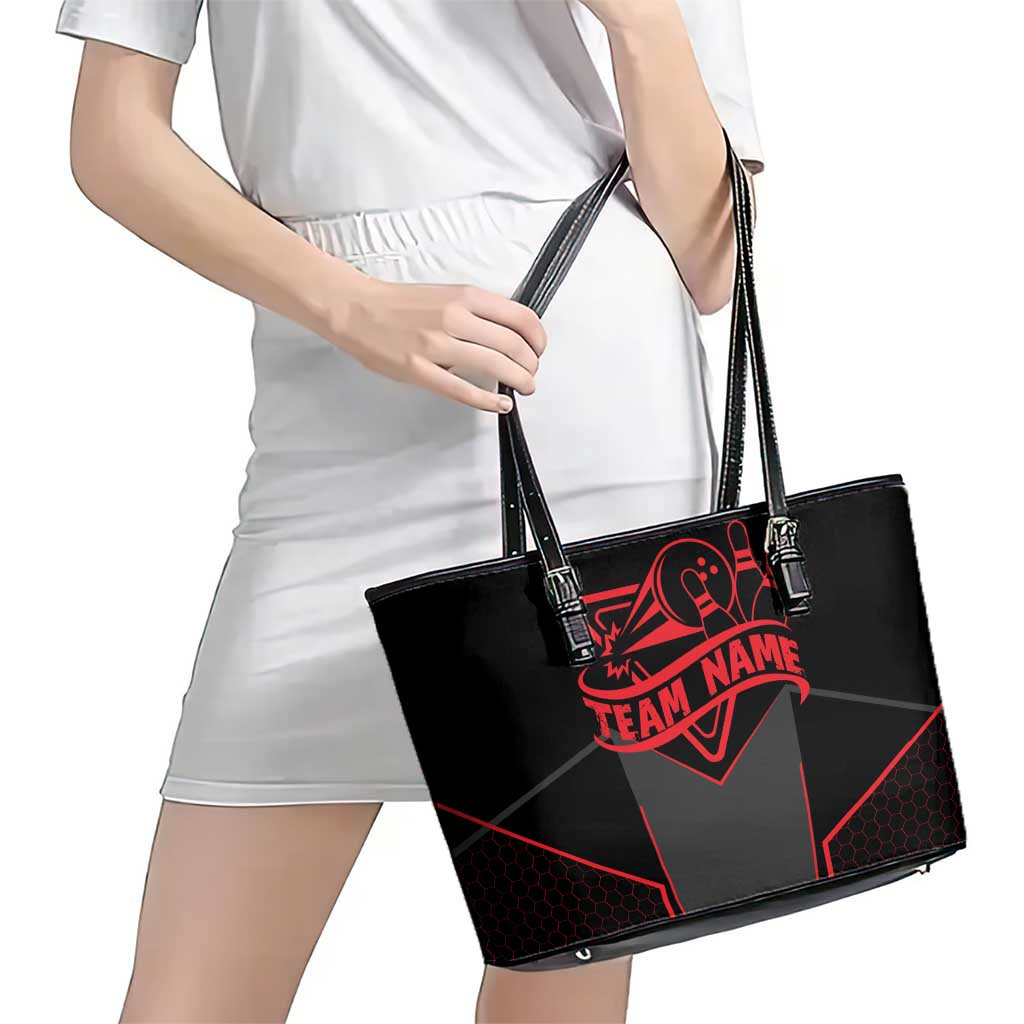 Bowling Team Leather Tote Bag Red and Black Strike Graphic and Custom Name Section - Wonder Print Shop