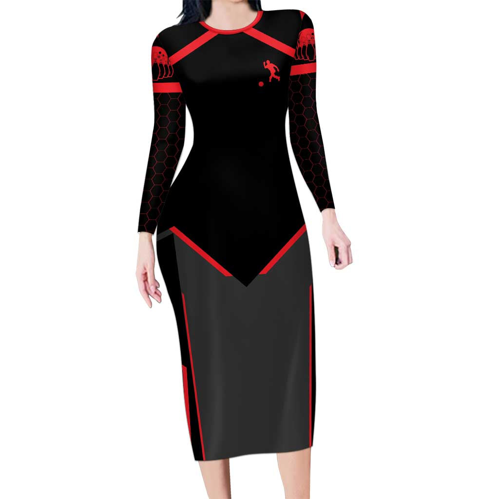 Bowling Team Long Sleeve Bodycon Dress Red and Black Strike Graphic and Custom Name Section - Wonder Print Shop