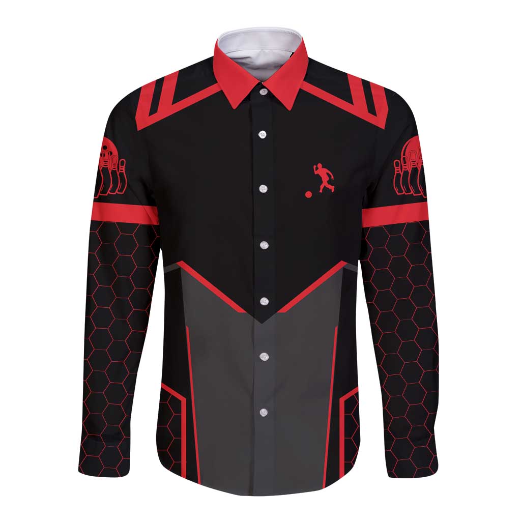 Bowling Team Long Sleeve Button Shirt Red and Black Strike Graphic and Custom Name Section - Wonder Print Shop