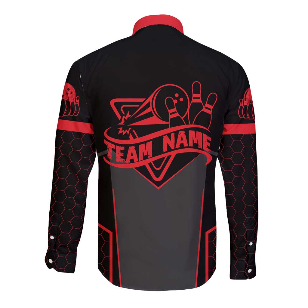 Bowling Team Long Sleeve Button Shirt Red and Black Strike Graphic and Custom Name Section - Wonder Print Shop