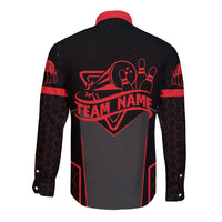 Bowling Team Long Sleeve Button Shirt Red and Black Strike Graphic and Custom Name Section - Wonder Print Shop