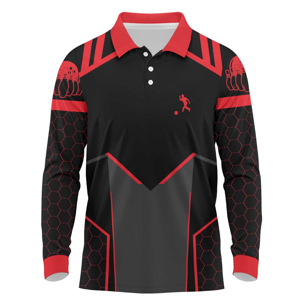Bowling Team Long Sleeve Polo Shirt Red and Black Strike Graphic and Custom Name Section - Wonder Print Shop