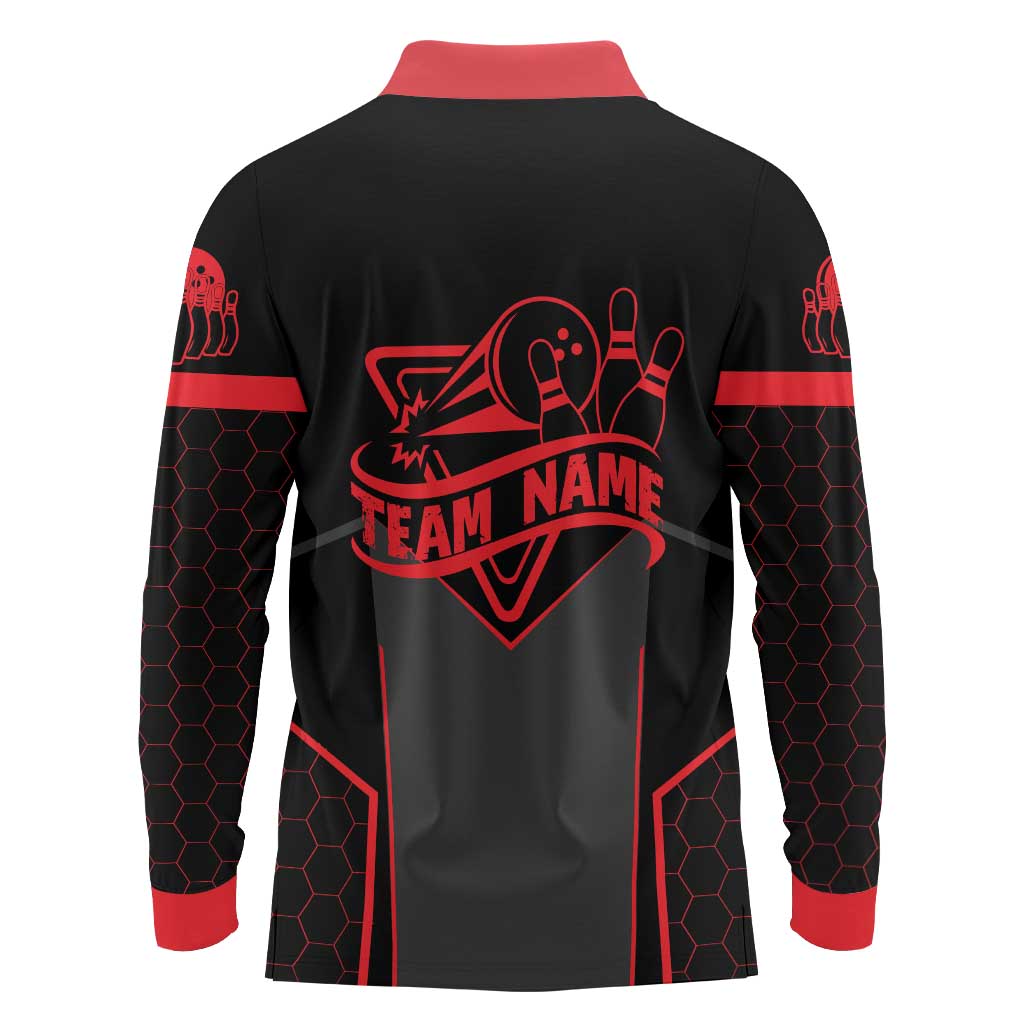 Bowling Team Long Sleeve Polo Shirt Red and Black Strike Graphic and Custom Name Section - Wonder Print Shop