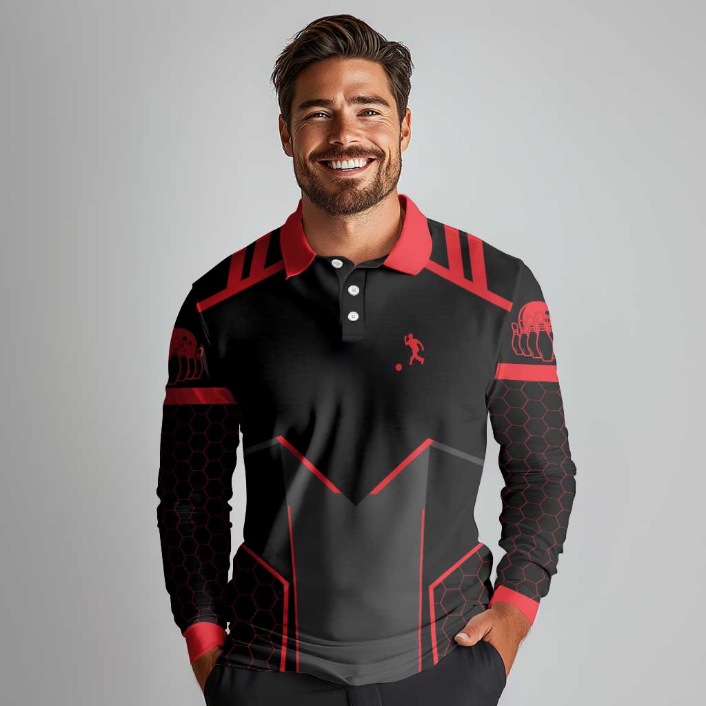 Bowling Team Long Sleeve Polo Shirt Red and Black Strike Graphic and Custom Name Section - Wonder Print Shop