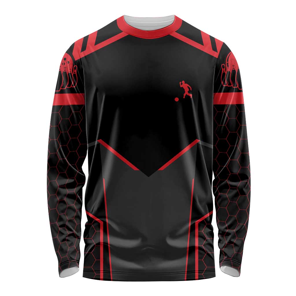 Bowling Team Long Sleeve Shirt Red and Black Strike Graphic and Custom Name Section - Wonder Print Shop