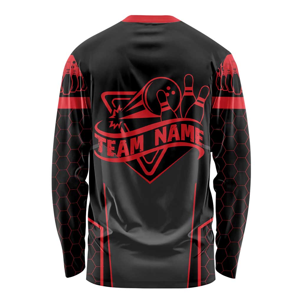 Bowling Team Long Sleeve Shirt Red and Black Strike Graphic and Custom Name Section - Wonder Print Shop