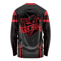 Bowling Team Long Sleeve Shirt Red and Black Strike Graphic and Custom Name Section - Wonder Print Shop