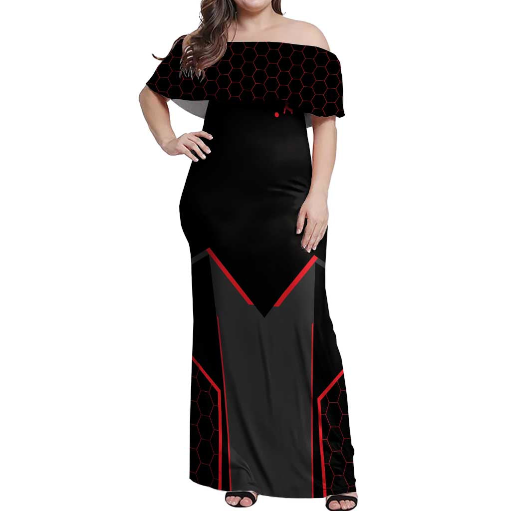 Bowling Team Off Shoulder Maxi Dress Red and Black Strike Graphic and Custom Name Section - Wonder Print Shop