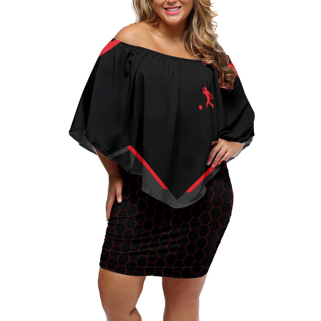 Bowling Team Off Shoulder Short Dress Red and Black Strike Graphic and Custom Name Section - Wonder Print Shop