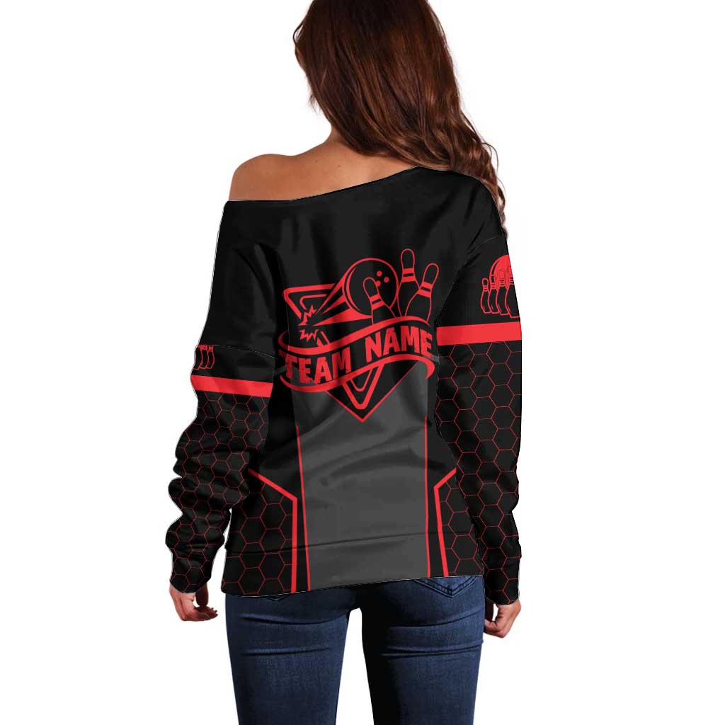 Bowling Team Off Shoulder Sweater Red and Black Strike Graphic and Custom Name Section - Wonder Print Shop