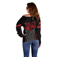 Bowling Team Off Shoulder Sweater Red and Black Strike Graphic and Custom Name Section - Wonder Print Shop