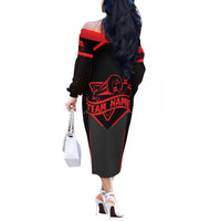 Bowling Team Off The Shoulder Long Sleeve Dress Red and Black Strike Graphic and Custom Name Section - Wonder Print Shop
