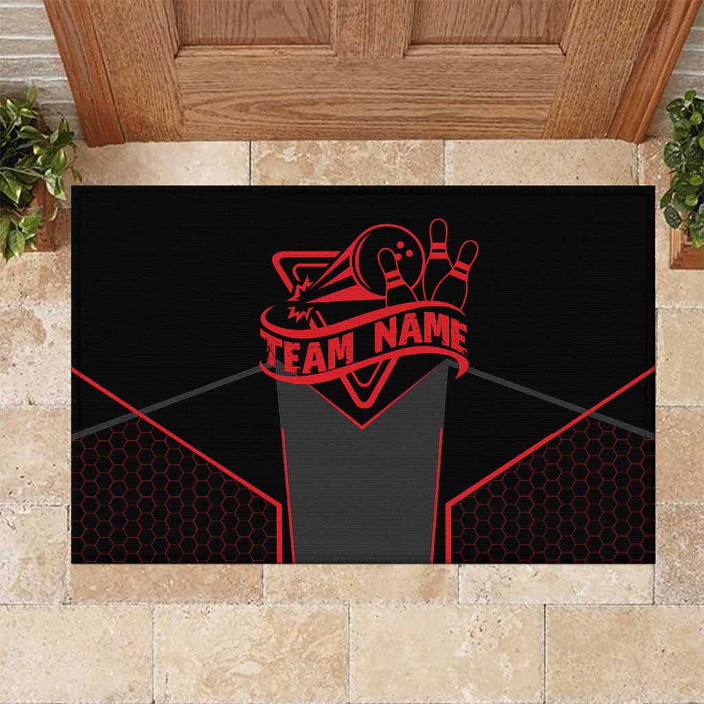 Bowling Team Rubber Doormat Red and Black Strike Graphic and Custom Name Section - Wonder Print Shop
