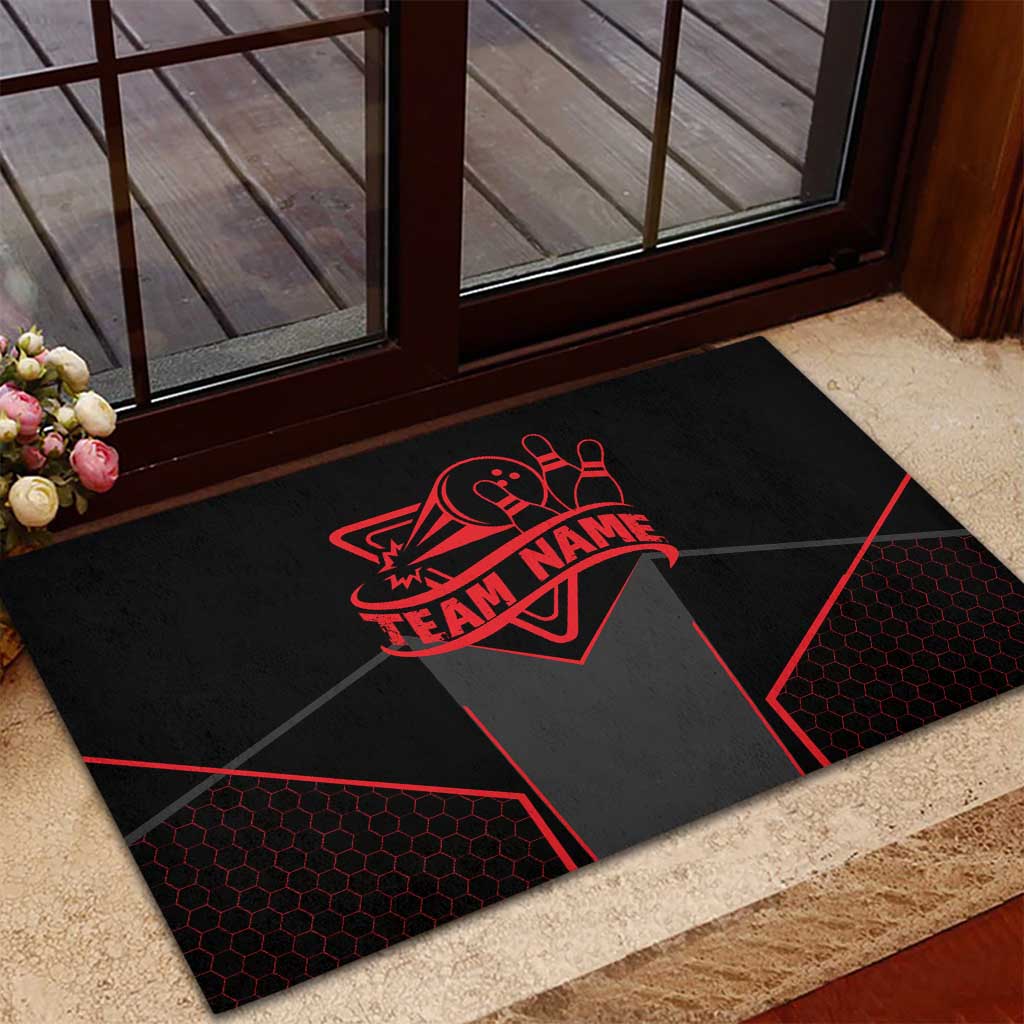 Bowling Team Rubber Doormat Red and Black Strike Graphic and Custom Name Section - Wonder Print Shop