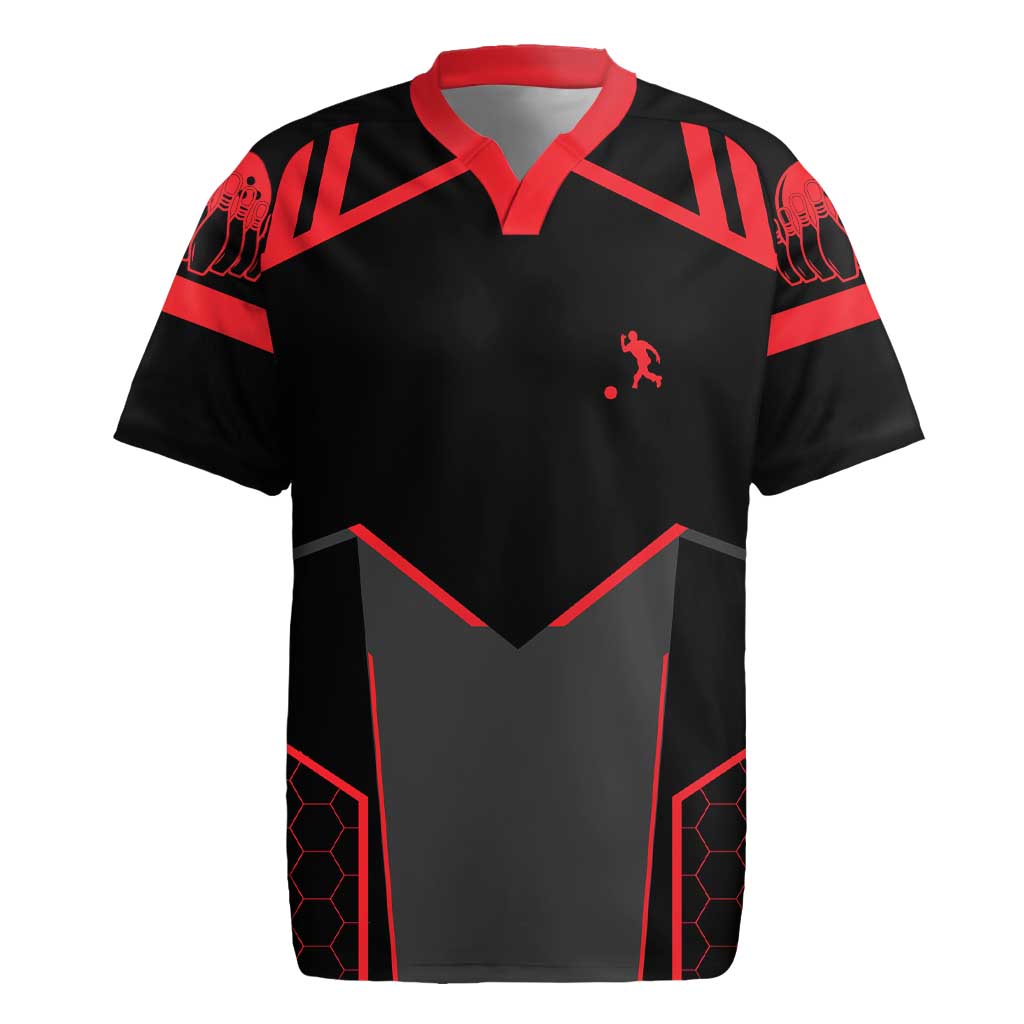 Bowling Team Rugby Jersey Red and Black Strike Graphic and Custom Name Section - Wonder Print Shop