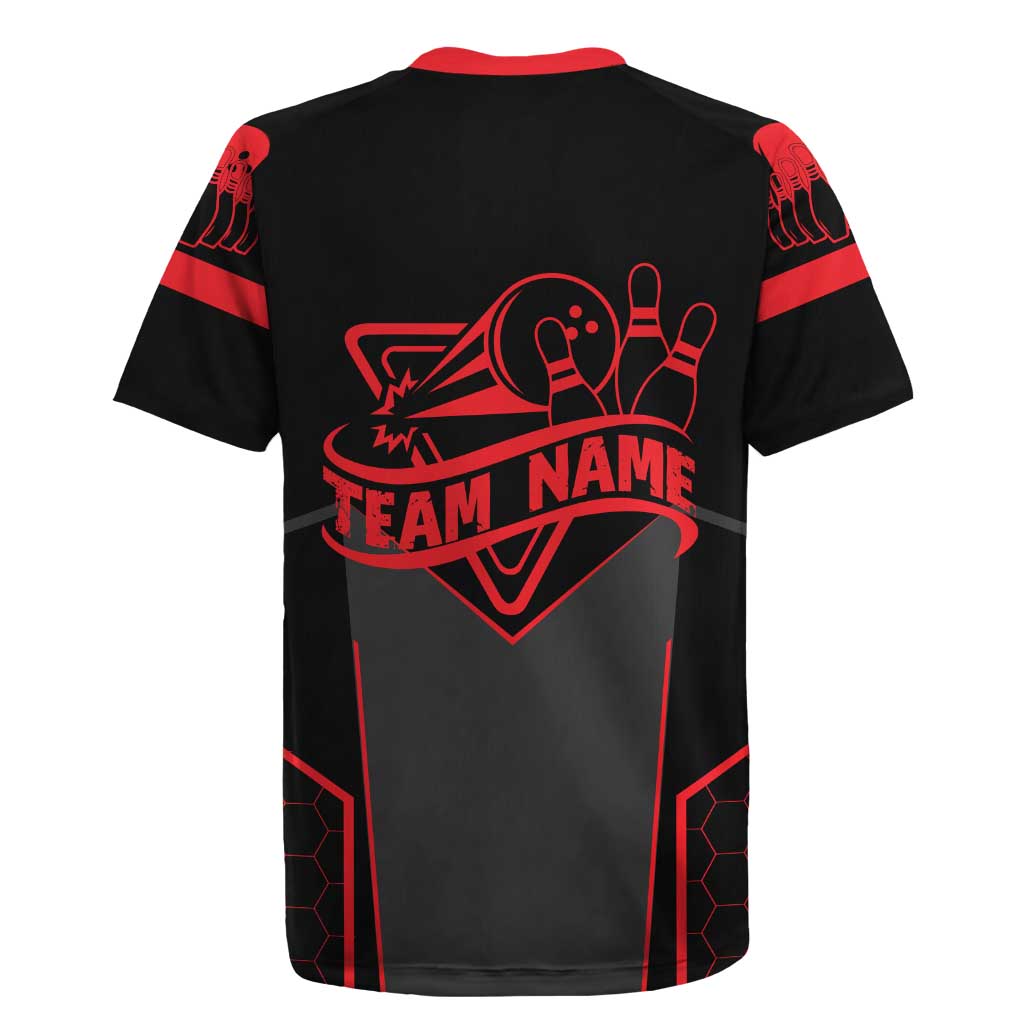 Bowling Team Rugby Jersey Red and Black Strike Graphic and Custom Name Section - Wonder Print Shop