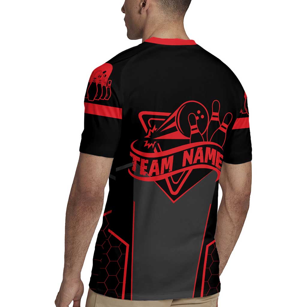 Bowling Team Rugby Jersey Red and Black Strike Graphic and Custom Name Section - Wonder Print Shop
