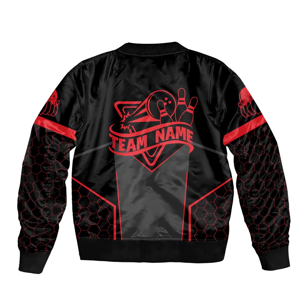 Bowling Team Sleeve Zip Bomber Jacket Red and Black Strike Graphic and Custom Name Section - Wonder Print Shop