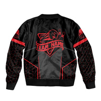 Bowling Team Sleeve Zip Bomber Jacket Red and Black Strike Graphic and Custom Name Section - Wonder Print Shop