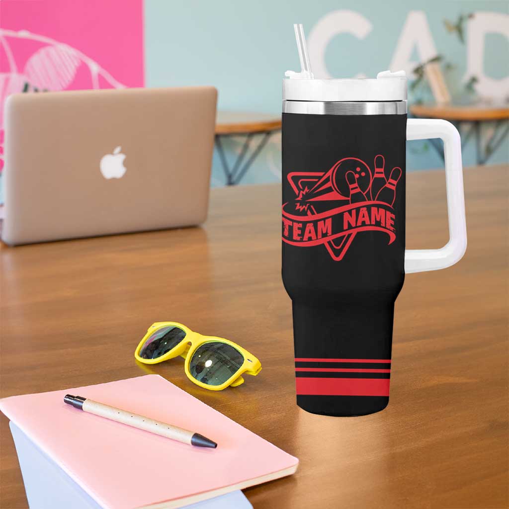 Bowling Team Tumbler With Handle Red and Black Strike Graphic and Custom Name Section - Wonder Print Shop