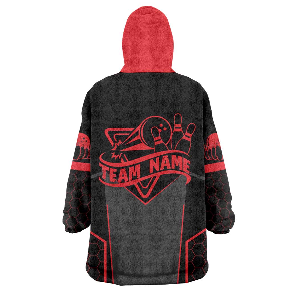 Bowling Team Wearable Blanket Hoodie Red and Black Strike Graphic and Custom Name Section - Wonder Print Shop