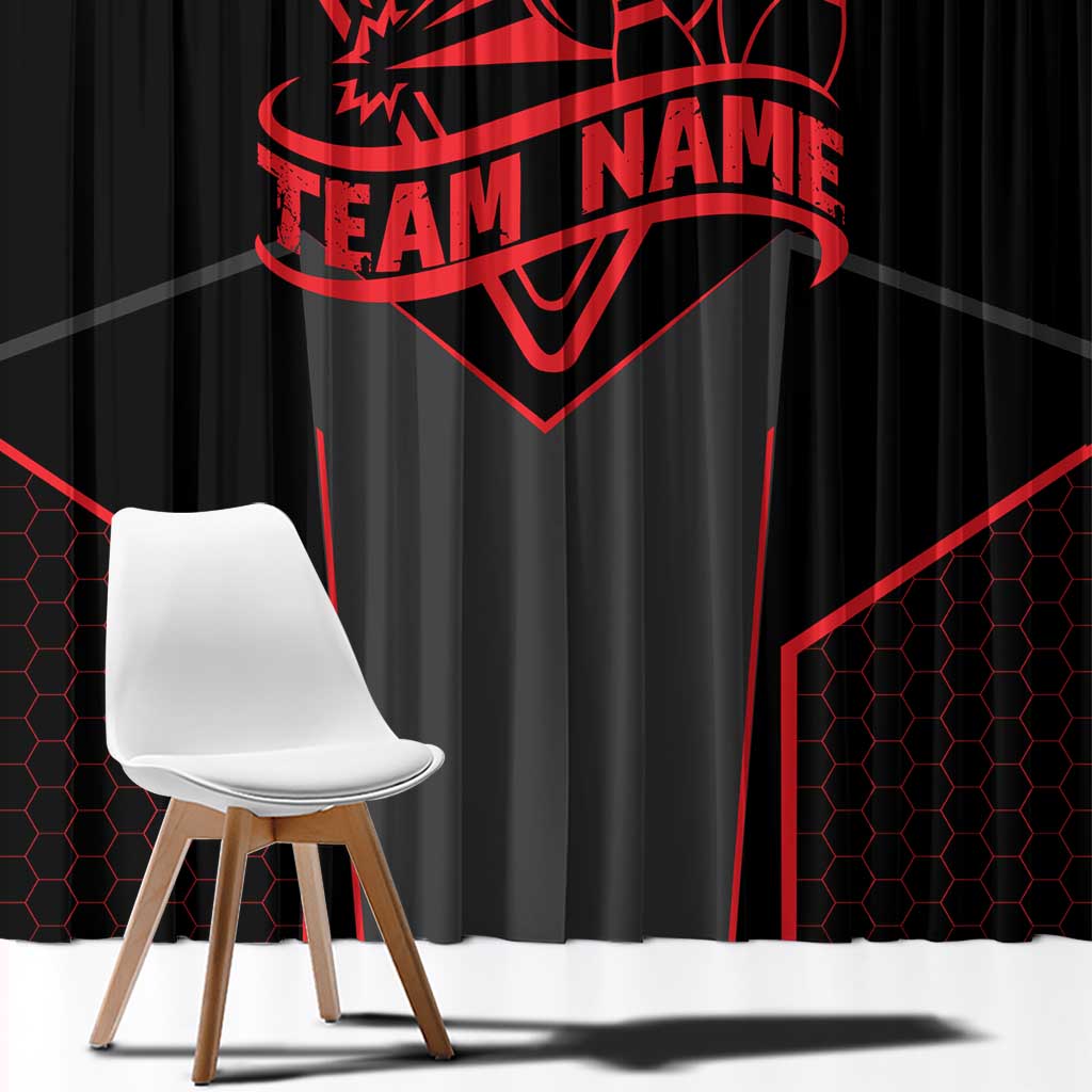 Bowling Team Window Curtain Red and Black Strike Graphic and Custom Name Section - Wonder Print Shop
