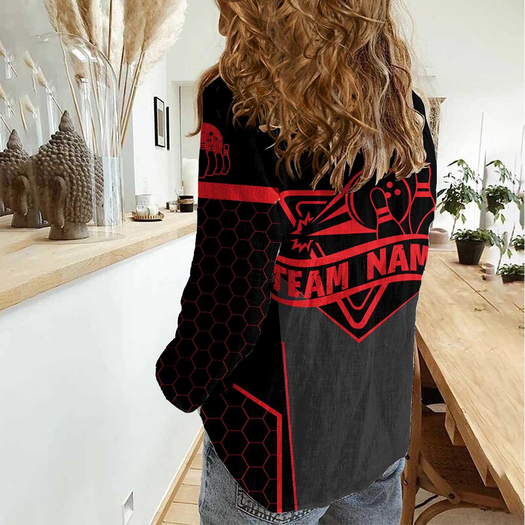 Bowling Team Women Casual Shirt Red and Black Strike Graphic and Custom Name Section - Wonder Print Shop