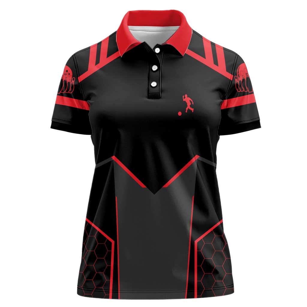 Bowling Team Women Polo Shirt Red and Black Strike Graphic and Custom Name Section - Wonder Print Shop
