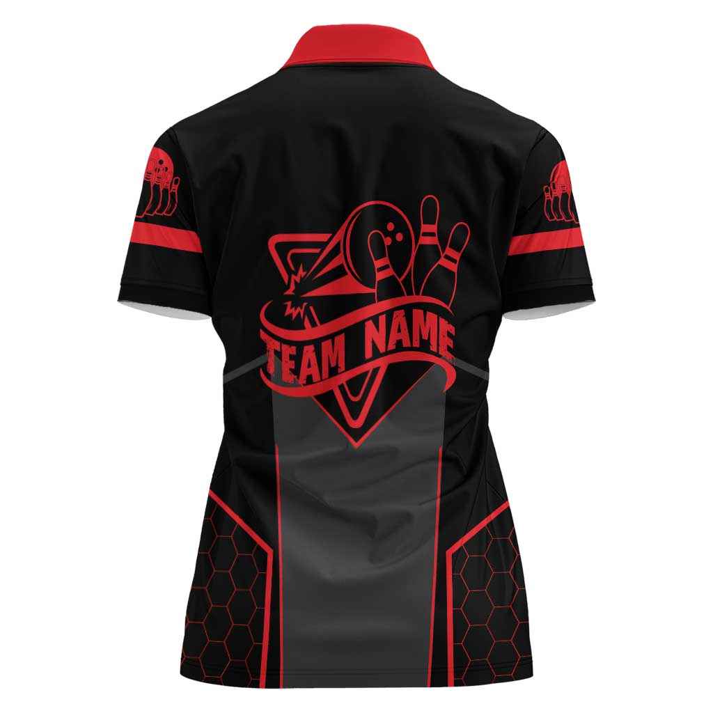 Bowling Team Women Polo Shirt Red and Black Strike Graphic and Custom Name Section - Wonder Print Shop