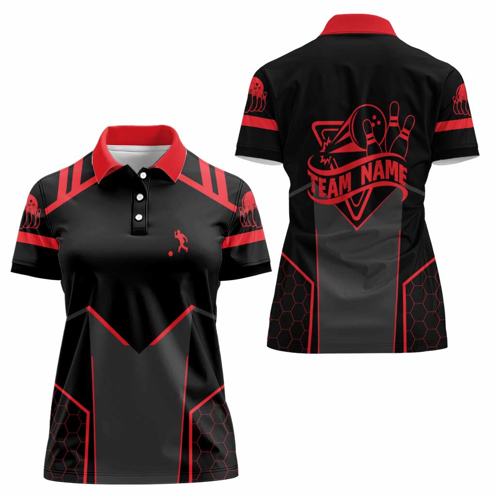 Bowling Team Women Polo Shirt Red and Black Strike Graphic and Custom Name Section - Wonder Print Shop