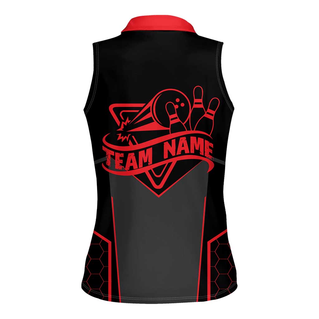 Bowling Team Women Sleeveless Polo Shirt Red and Black Strike Graphic and Custom Name Section - Wonder Print Shop