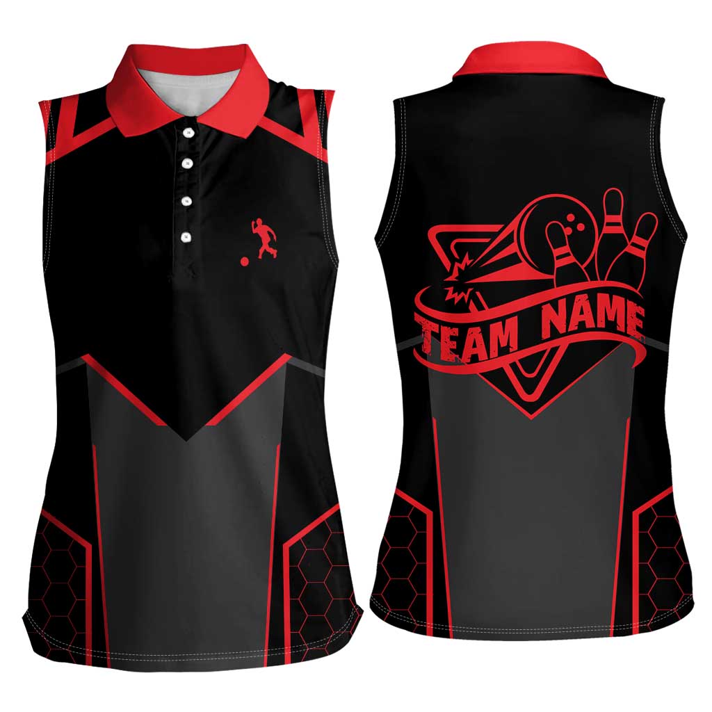 Bowling Team Women Sleeveless Polo Shirt Red and Black Strike Graphic and Custom Name Section - Wonder Print Shop