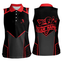Bowling Team Women Sleeveless Polo Shirt Red and Black Strike Graphic and Custom Name Section - Wonder Print Shop
