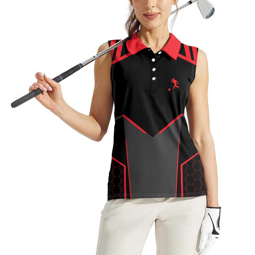 Bowling Team Women Sleeveless Polo Shirt Red and Black Strike Graphic and Custom Name Section - Wonder Print Shop