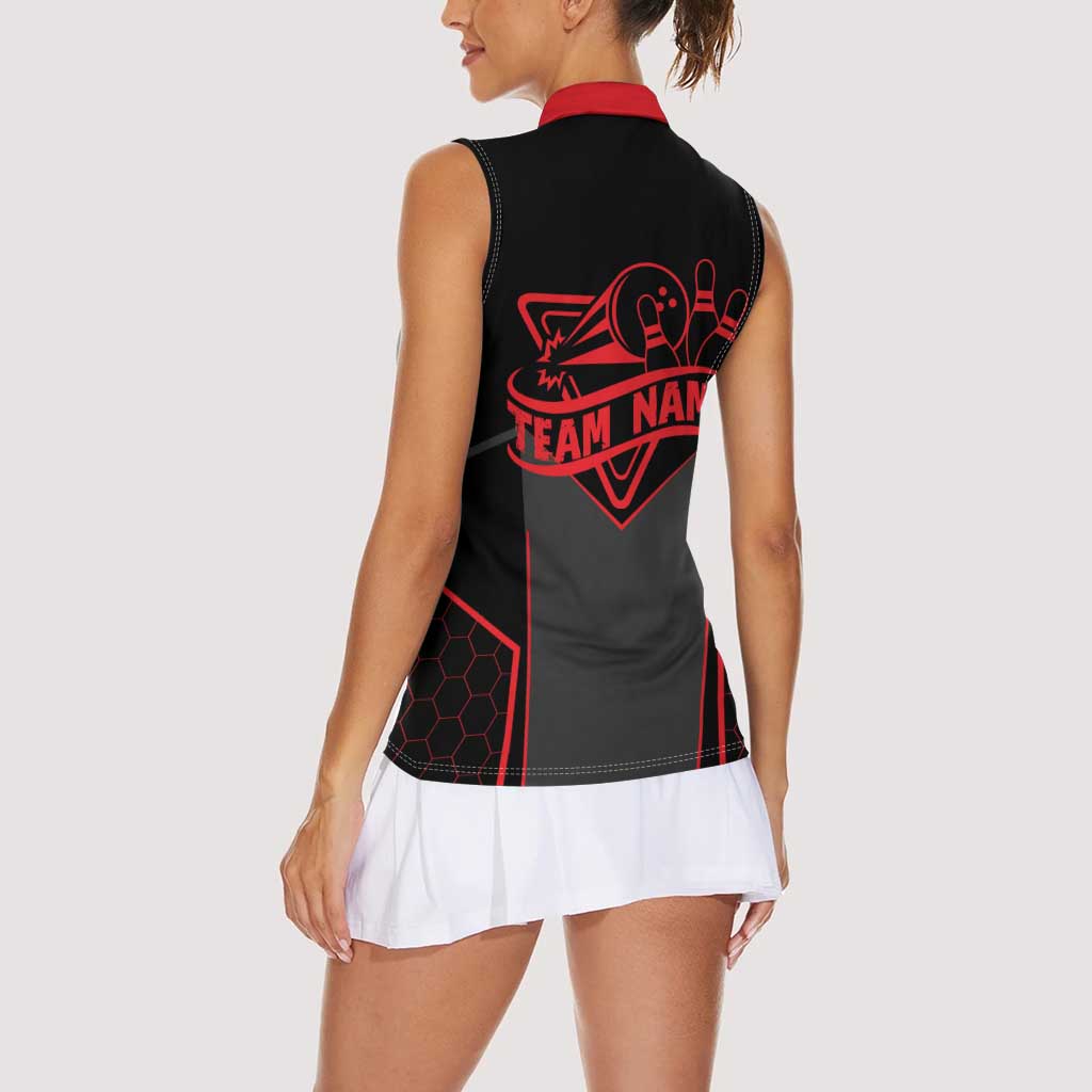 Bowling Team Women Sleeveless Polo Shirt Red and Black Strike Graphic and Custom Name Section - Wonder Print Shop