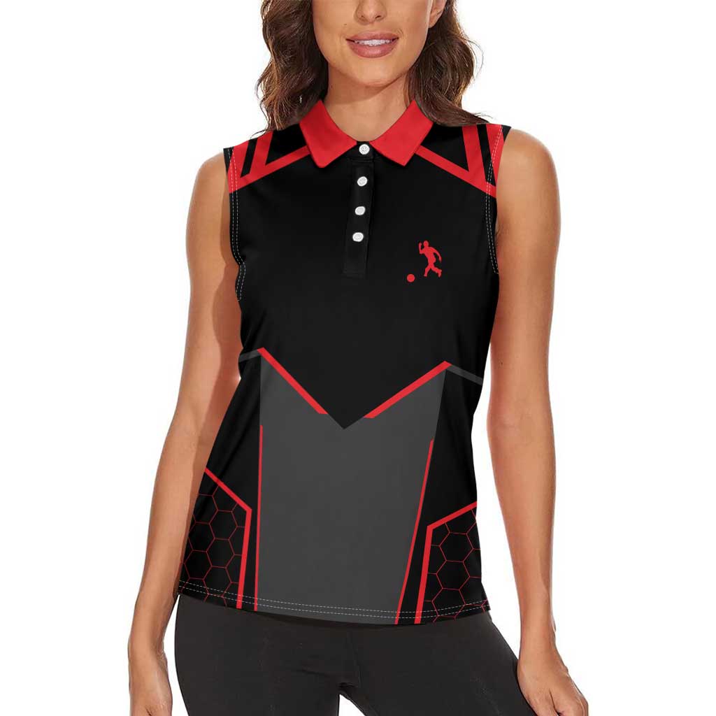 Bowling Team Women Sleeveless Polo Shirt Red and Black Strike Graphic and Custom Name Section - Wonder Print Shop