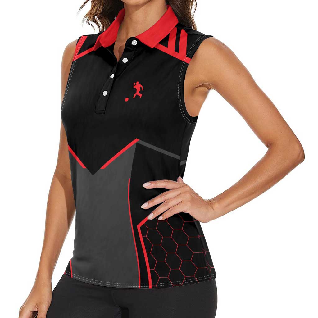 Bowling Team Women Sleeveless Polo Shirt Red and Black Strike Graphic and Custom Name Section - Wonder Print Shop