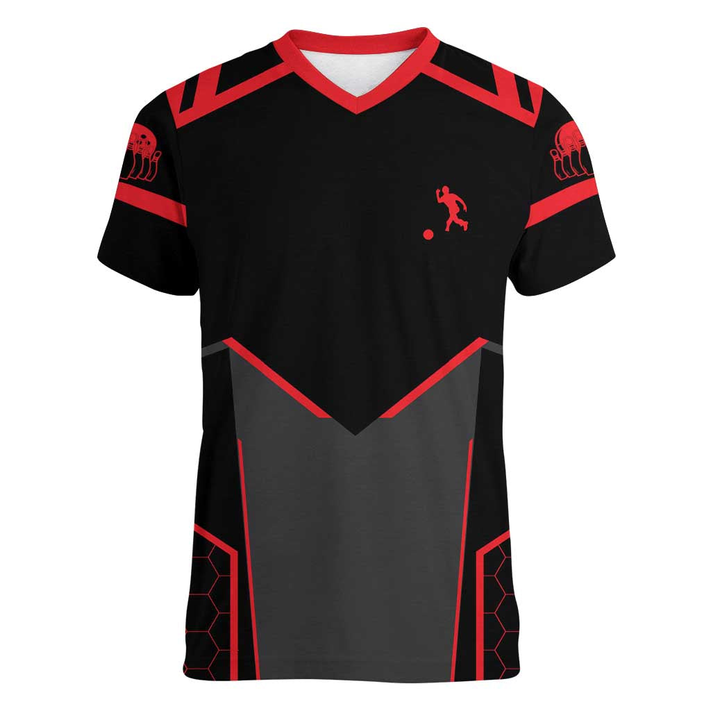 Bowling Team Women V-Neck T-Shirt Red and Black Strike Graphic and Custom Name Section - Wonder Print Shop